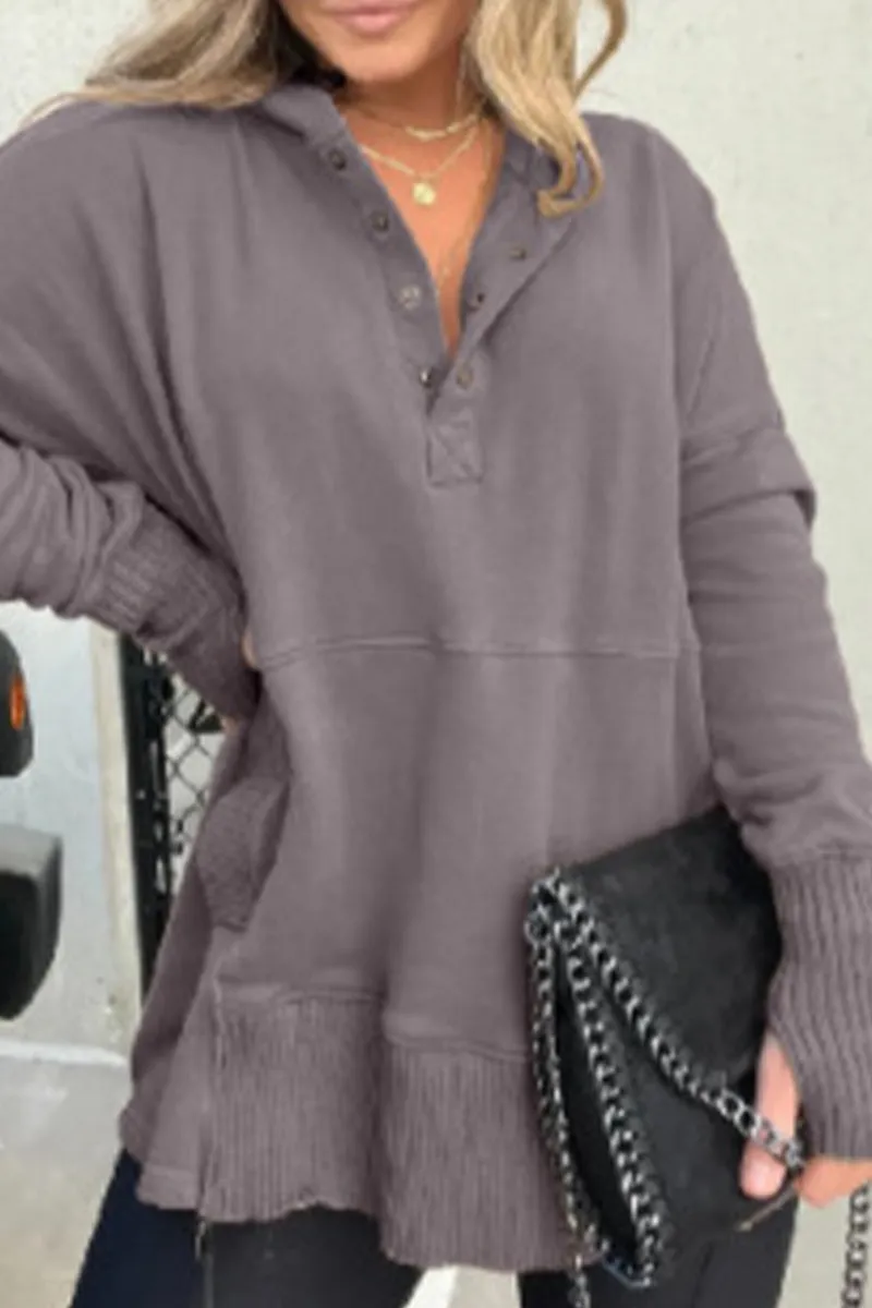 Casual Solid Buckle Hooded Collar Tops