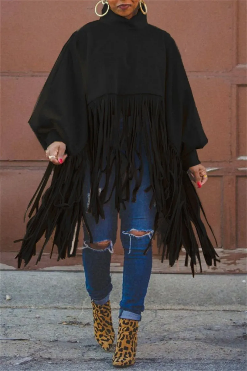 Casual Solid Color Fringed Trim Turtleneck Tops(6 Colors)