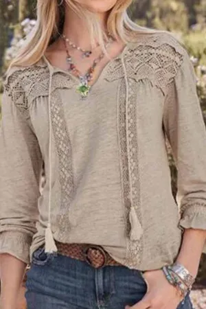 Casual Solid Color Lace Hollow V-neck Tops