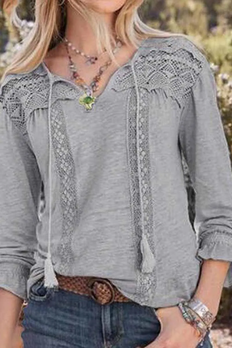 Casual Solid Color Lace Hollow V-neck Tops