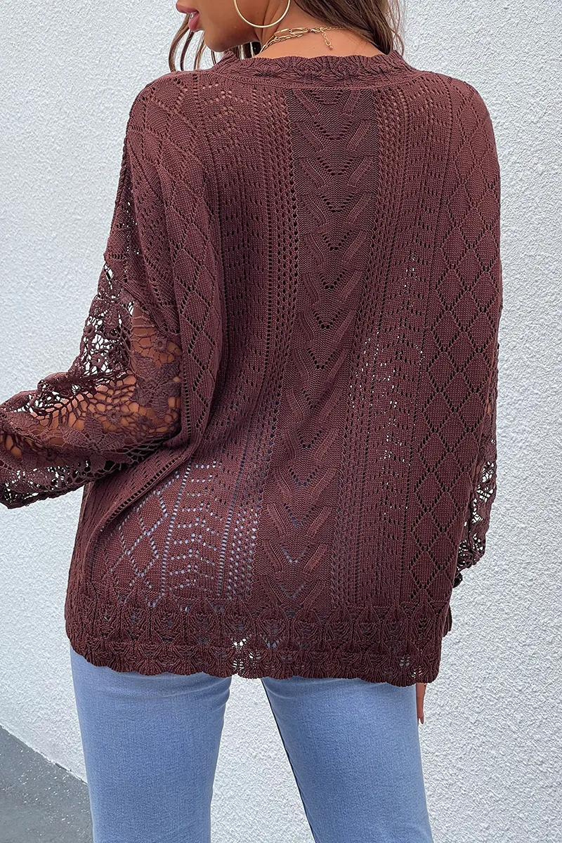 Casual Solid Lace Hollowed Out O Neck Tops Sweater(4 colors)