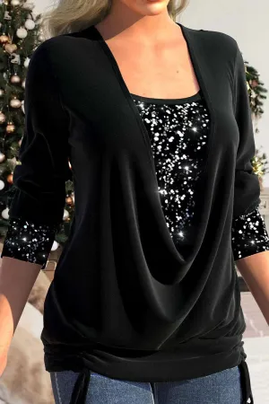 Casual Solid Sequins Patchwork Asymmetrical Collar Tops