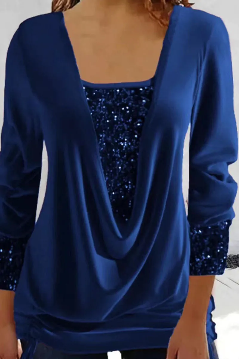 Casual Solid Sequins Patchwork Asymmetrical Collar Tops