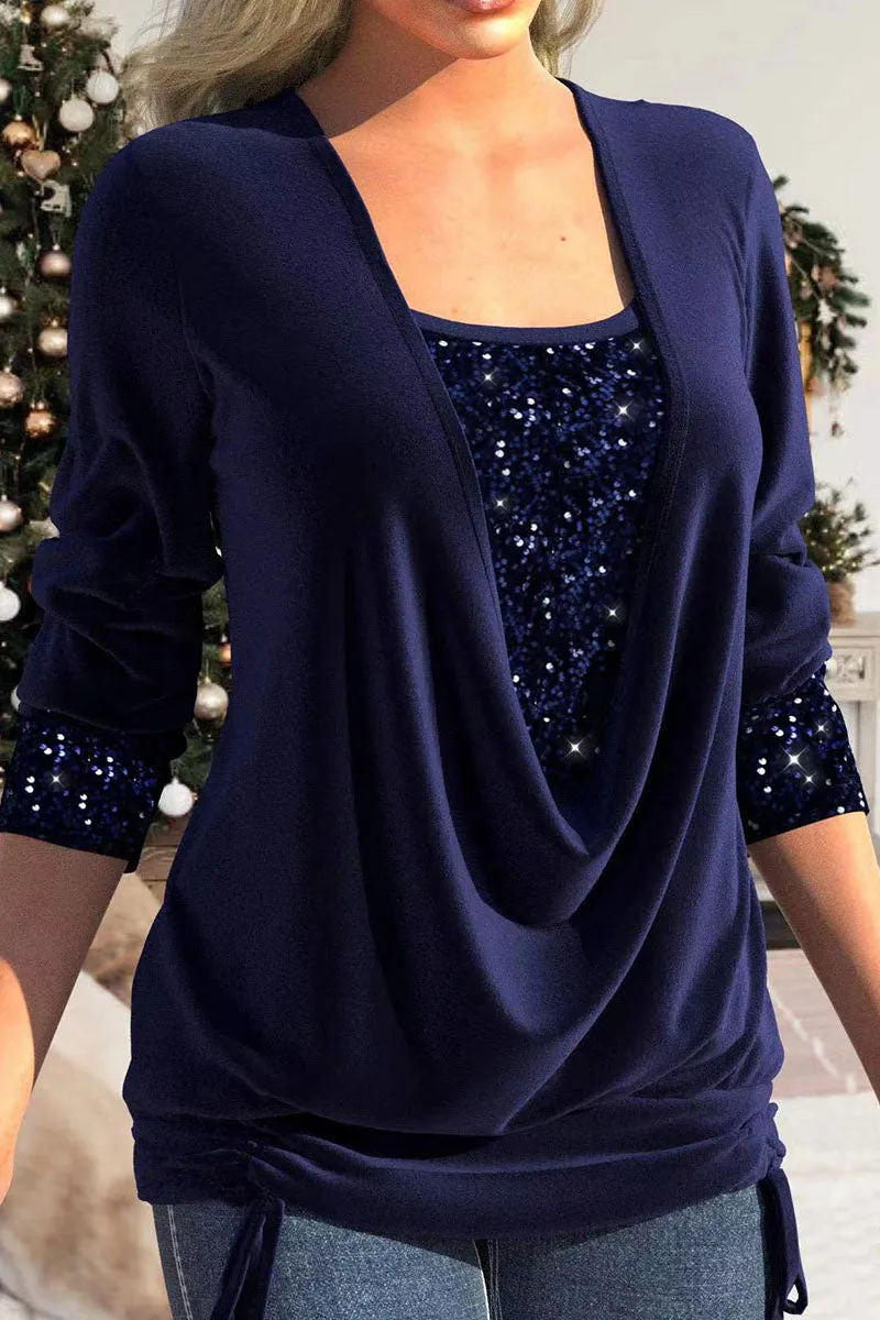 Casual Solid Sequins Patchwork Asymmetrical Collar Tops