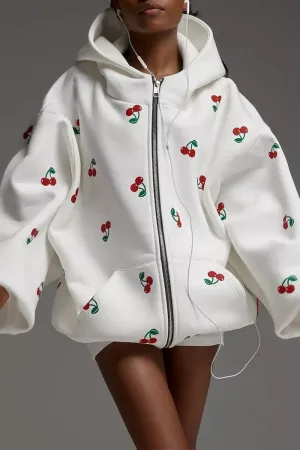 Casual Street Fruit Print Pocket Zipper Hooded Tops