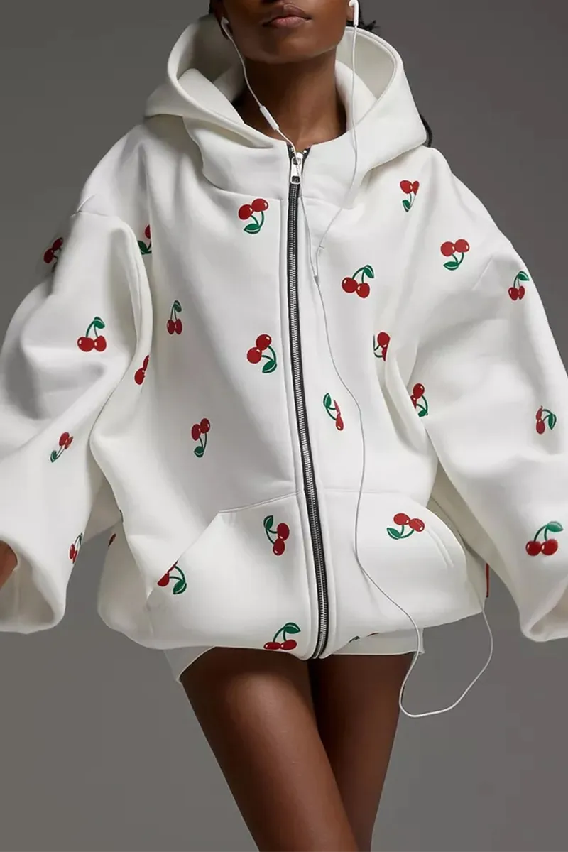 Casual Street Fruit Print Pocket Zipper Hooded Tops