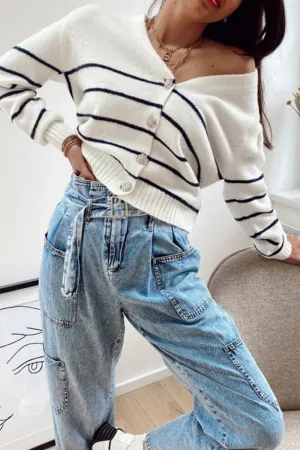 Casual Striped Buckle  Contrast V Neck Tops