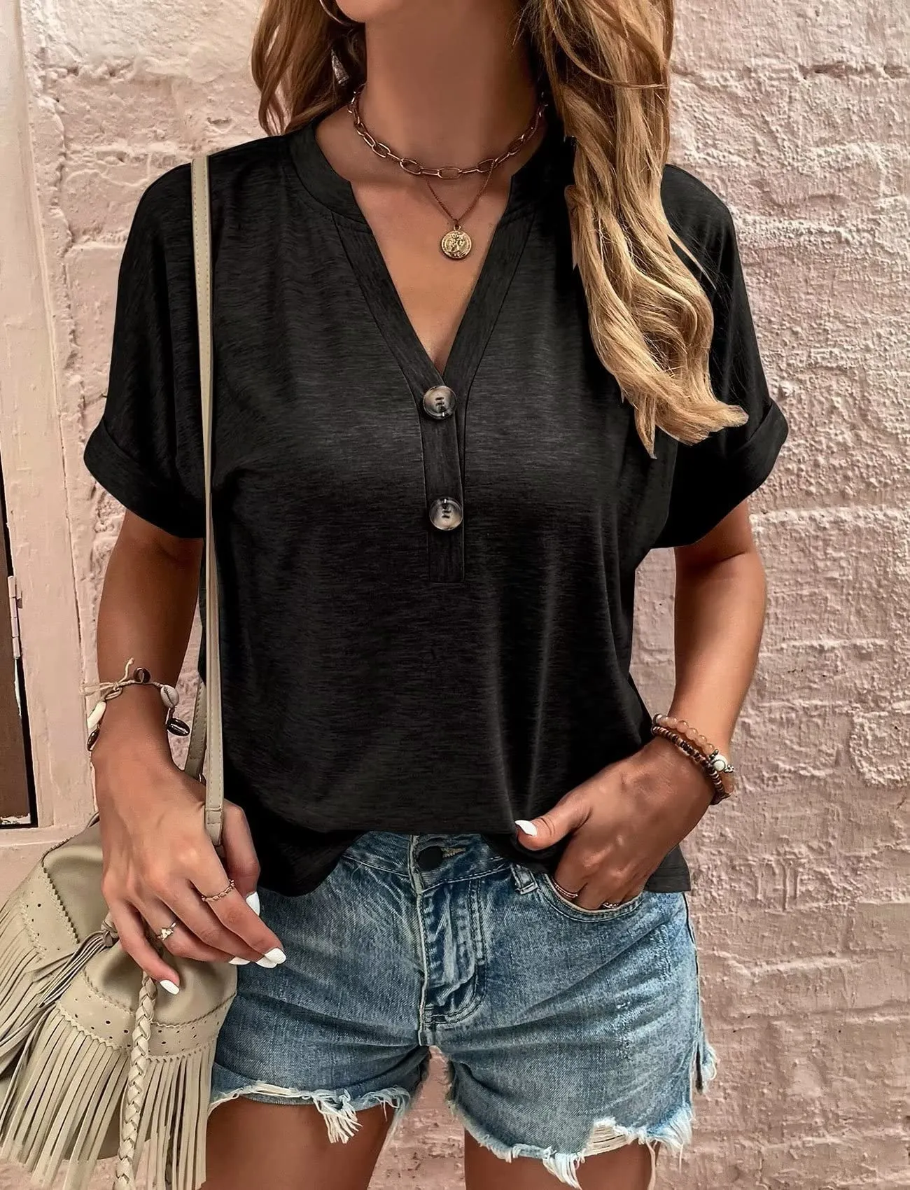 Casual V-Neck Blouse - Button Closure & Loose Fit Design
