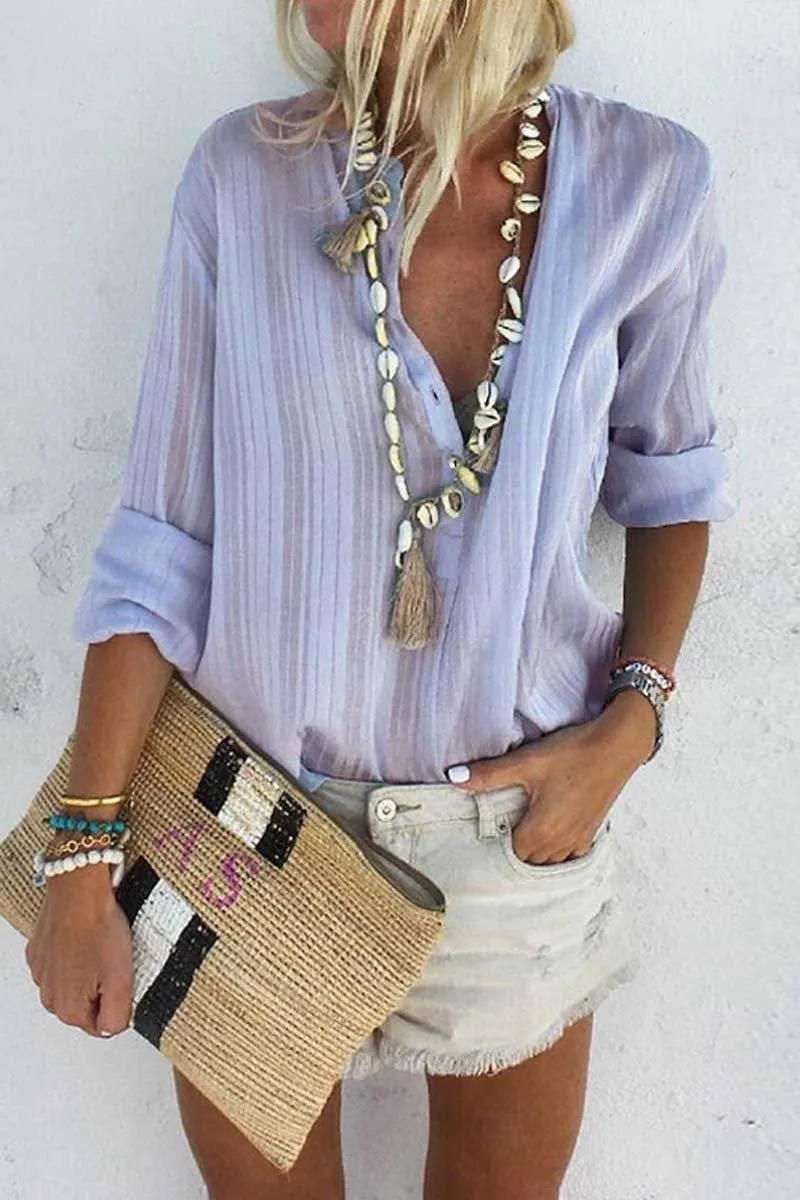 Casual V Neck Button Blouse Tops
