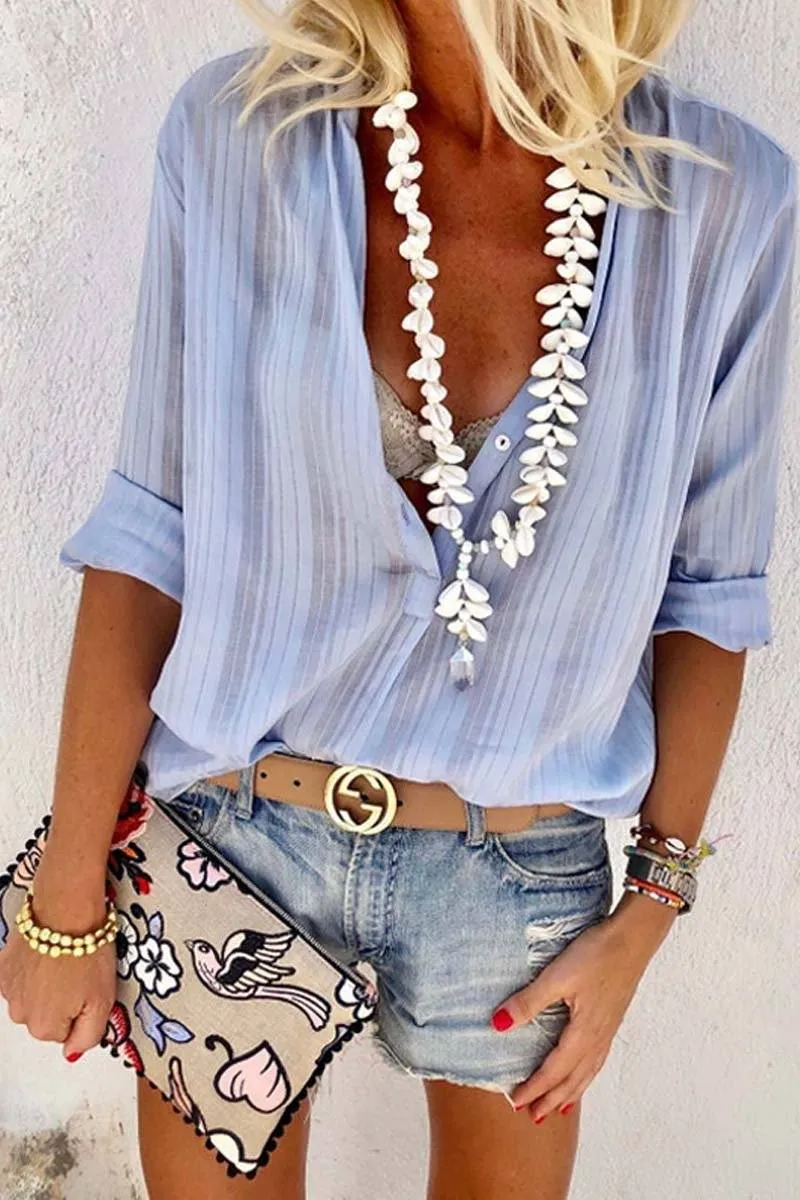 Casual V Neck Button Blouse Tops