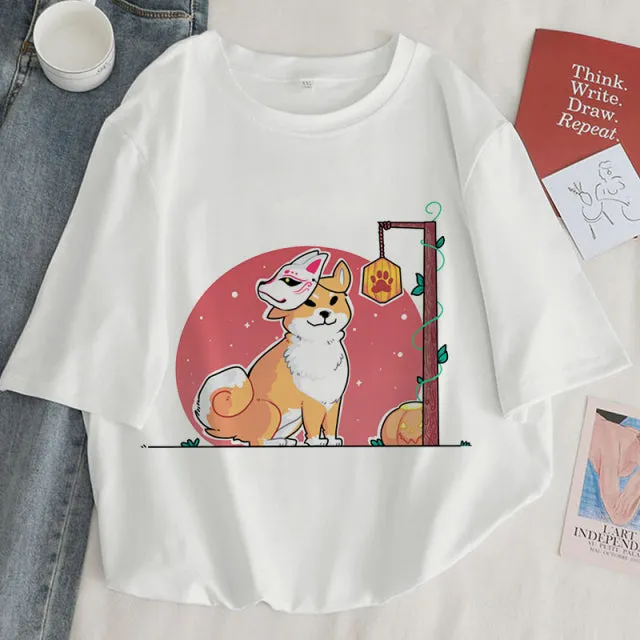Cat Anime Graphic Print T-shirt Women Summer Fashion Tshirt Aesthetic White Tops Female T Shirt