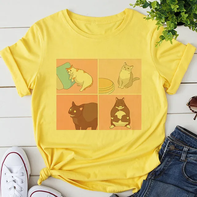 Cat Anime Graphic Print T-shirt Women Summer Fashion Tshirt Aesthetic White Tops Female T Shirt