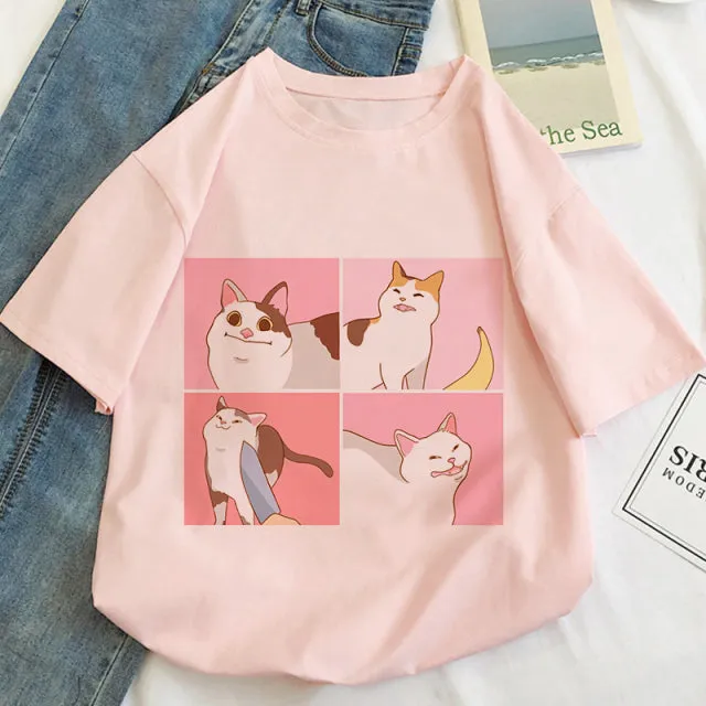 Cat Anime Graphic Print T-shirt Women Summer Fashion Tshirt Aesthetic White Tops Female T Shirt