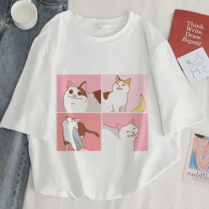 Cat Anime Graphic Print T-shirt Women Summer Fashion Tshirt Aesthetic White Tops Female T Shirt