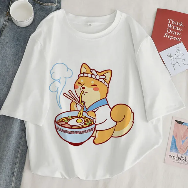 Cat Anime Graphic Print T-shirt Women Summer Fashion Tshirt Aesthetic White Tops Female T Shirt