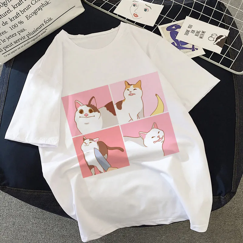 Cat Anime Graphic Print T-shirt Women Summer Fashion Tshirt Aesthetic White Tops Female T Shirt