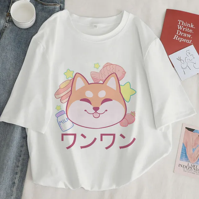 Cat Anime Graphic Print T-shirt Women Summer Fashion Tshirt Aesthetic White Tops Female T Shirt