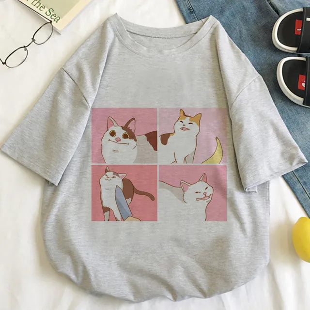 Cat Anime Graphic Print T-shirt Women Summer Fashion Tshirt Aesthetic White Tops Female T Shirt