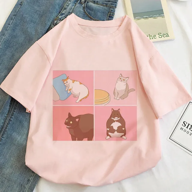 Cat Anime Graphic Print T-shirt Women Summer Fashion Tshirt Aesthetic White Tops Female T Shirt