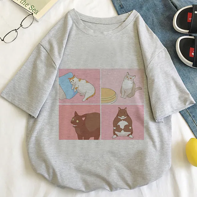 Cat Anime Graphic Print T-shirt Women Summer Fashion Tshirt Aesthetic White Tops Female T Shirt