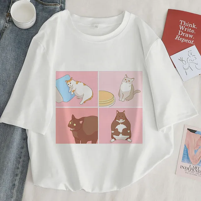 Cat Anime Graphic Print T-shirt Women Summer Fashion Tshirt Aesthetic White Tops Female T Shirt