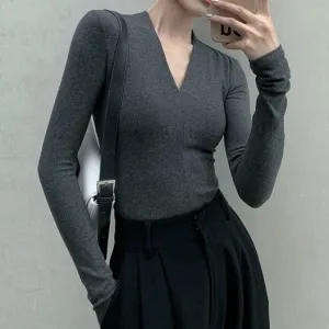 Charcoal Flat Knit V Neck Top