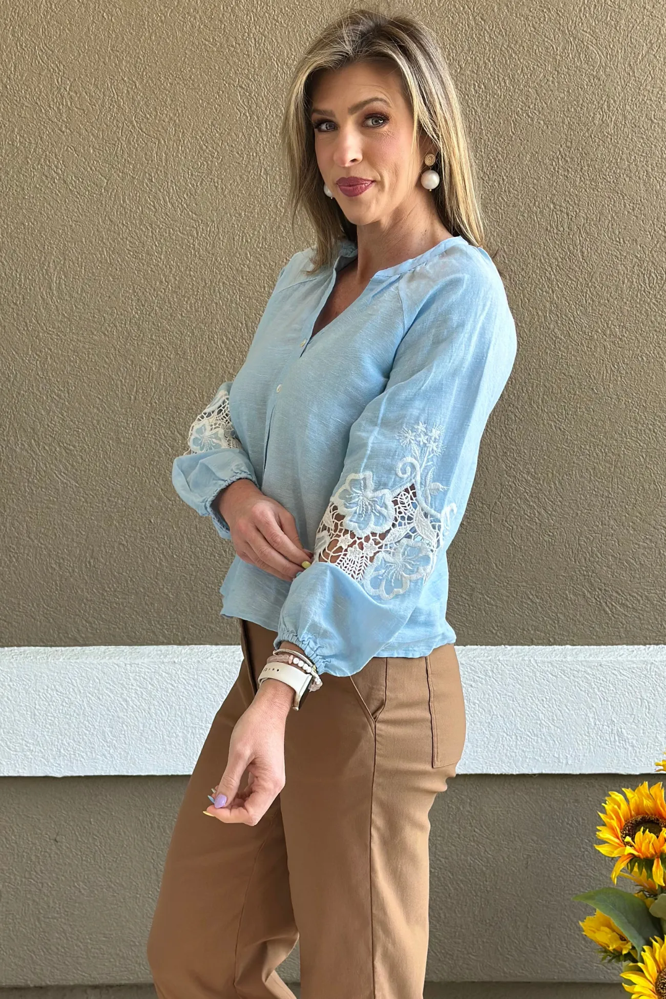 Charlie B Chambray Raglan Long Sleeve Embroidered Top