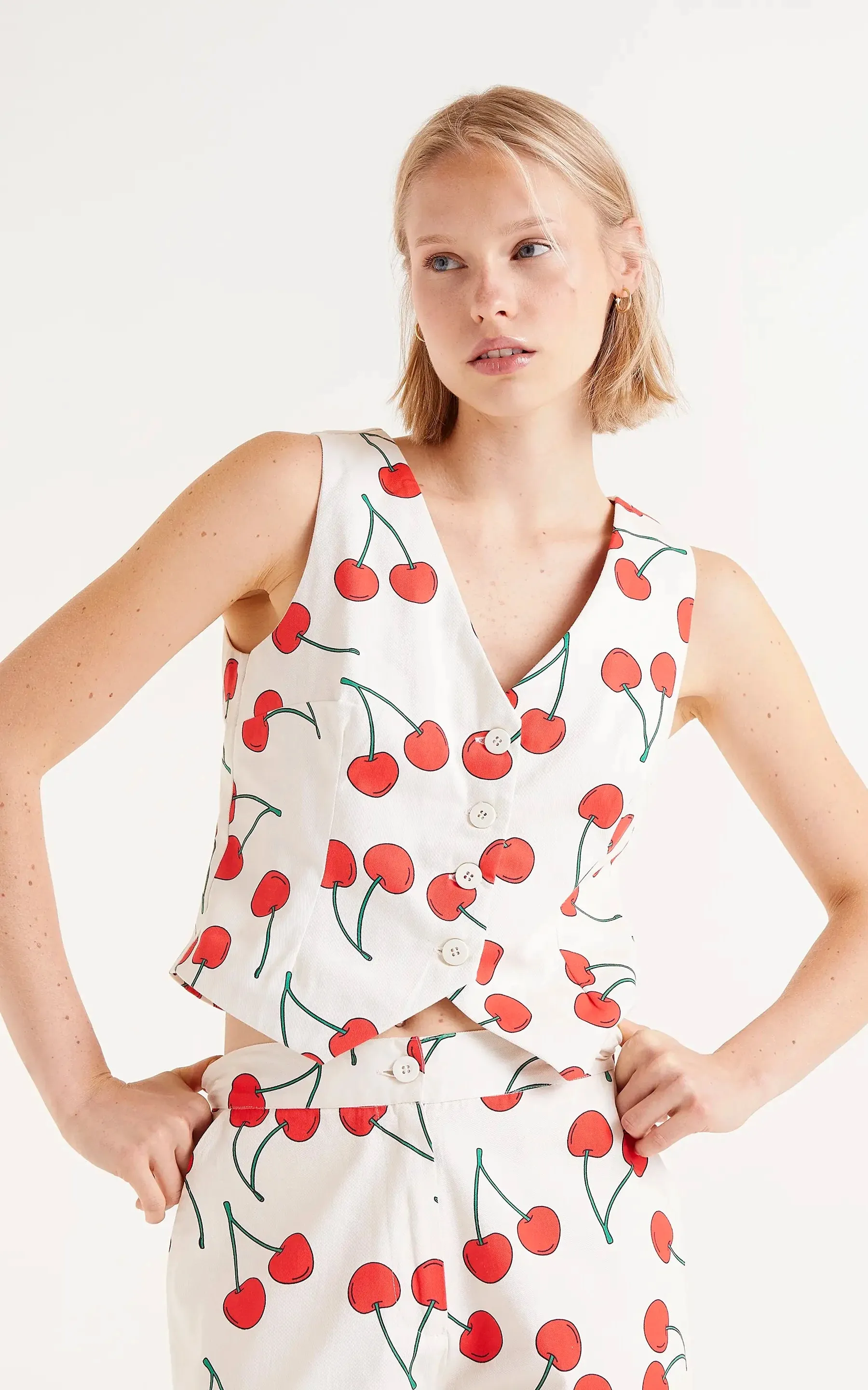 Cherry Print Tailored Vest