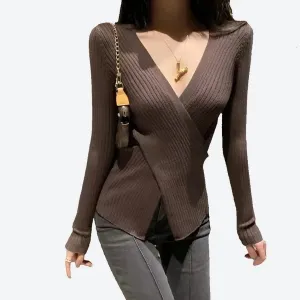 Chic Ribbed Wrap Style Tops