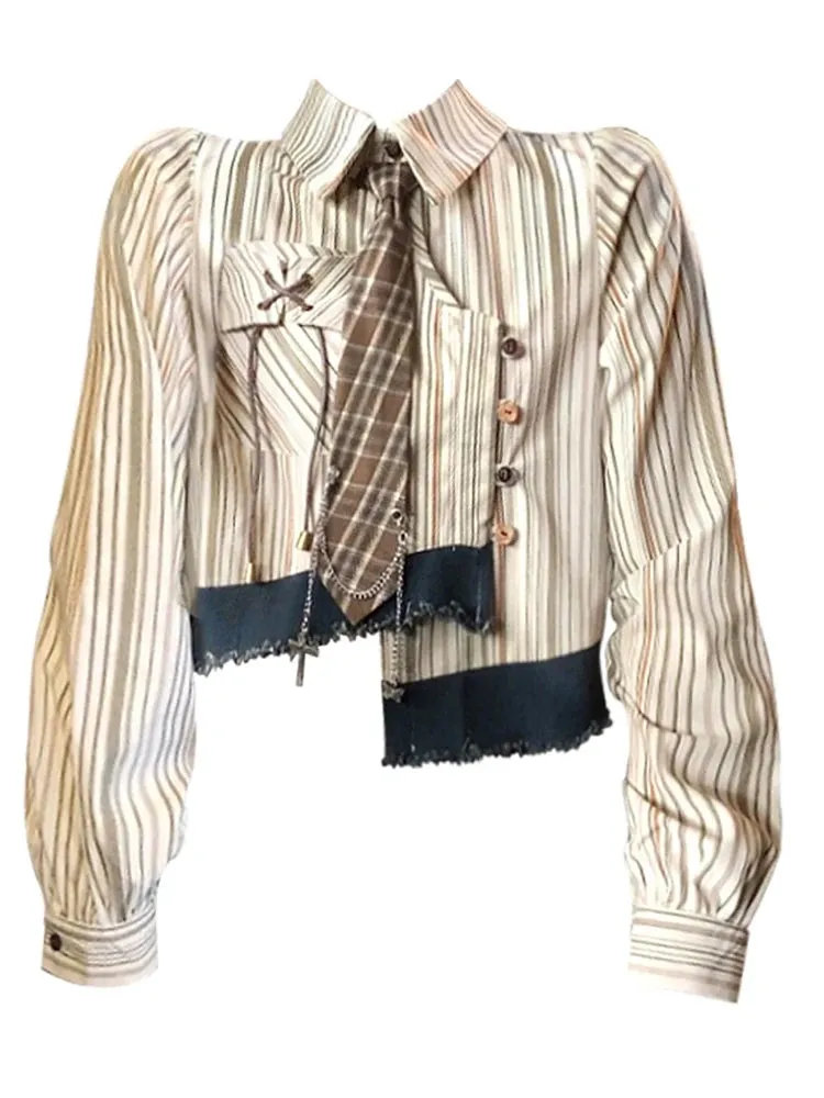 Chic Vintage Crop Top Striped Shirts