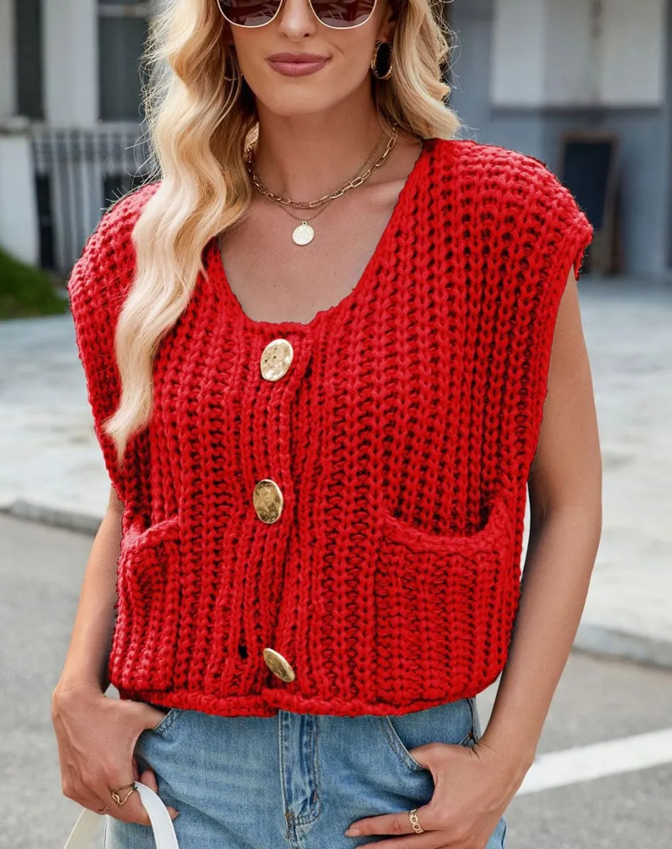 Chouyatou Women Chunky Knit Vest Button Down Sleeveless Sweater Tank Tops Going Out Outfits