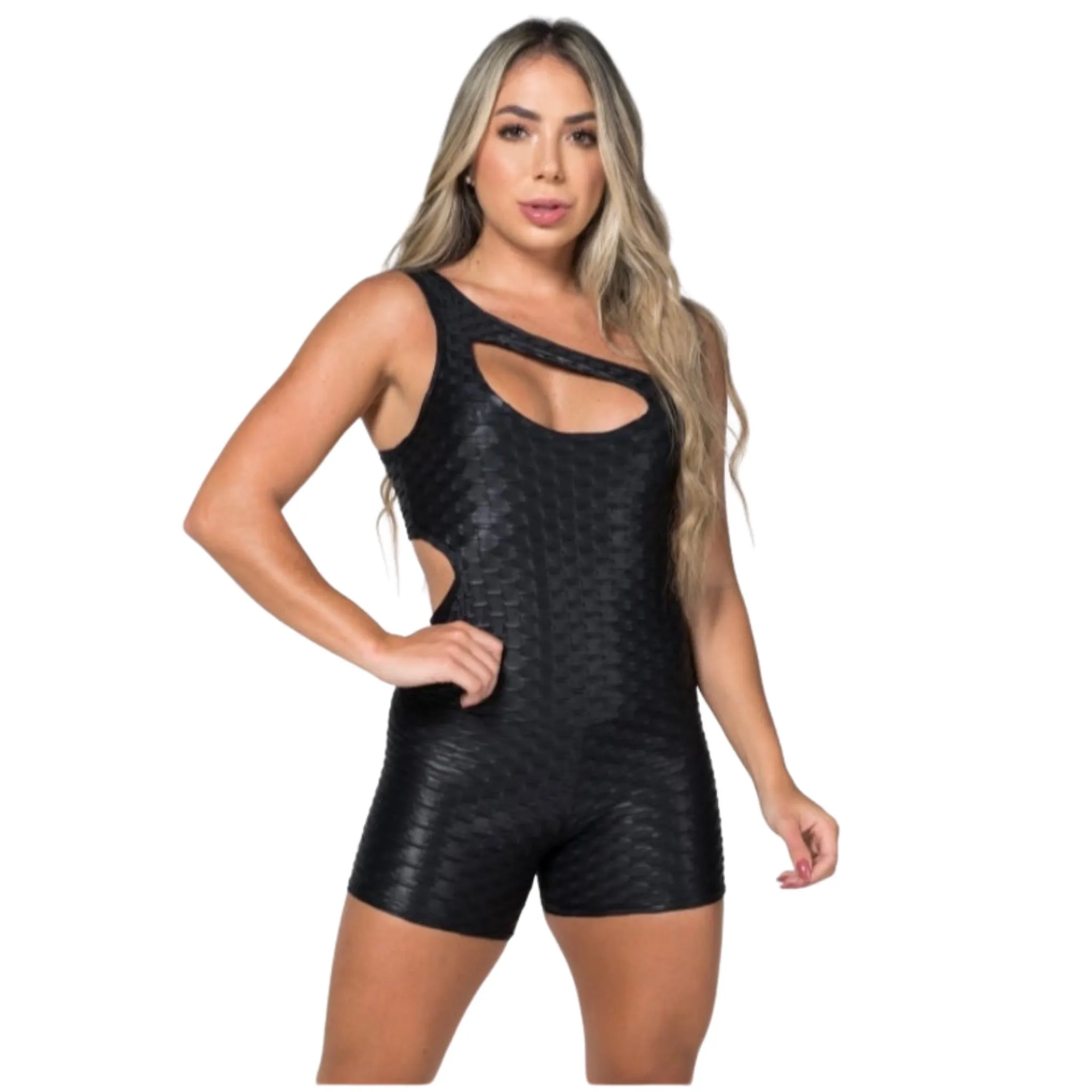 Cire Black Asymmetrical Bodysuit – Stylish One-Shoulder Cut with Glossy Finish