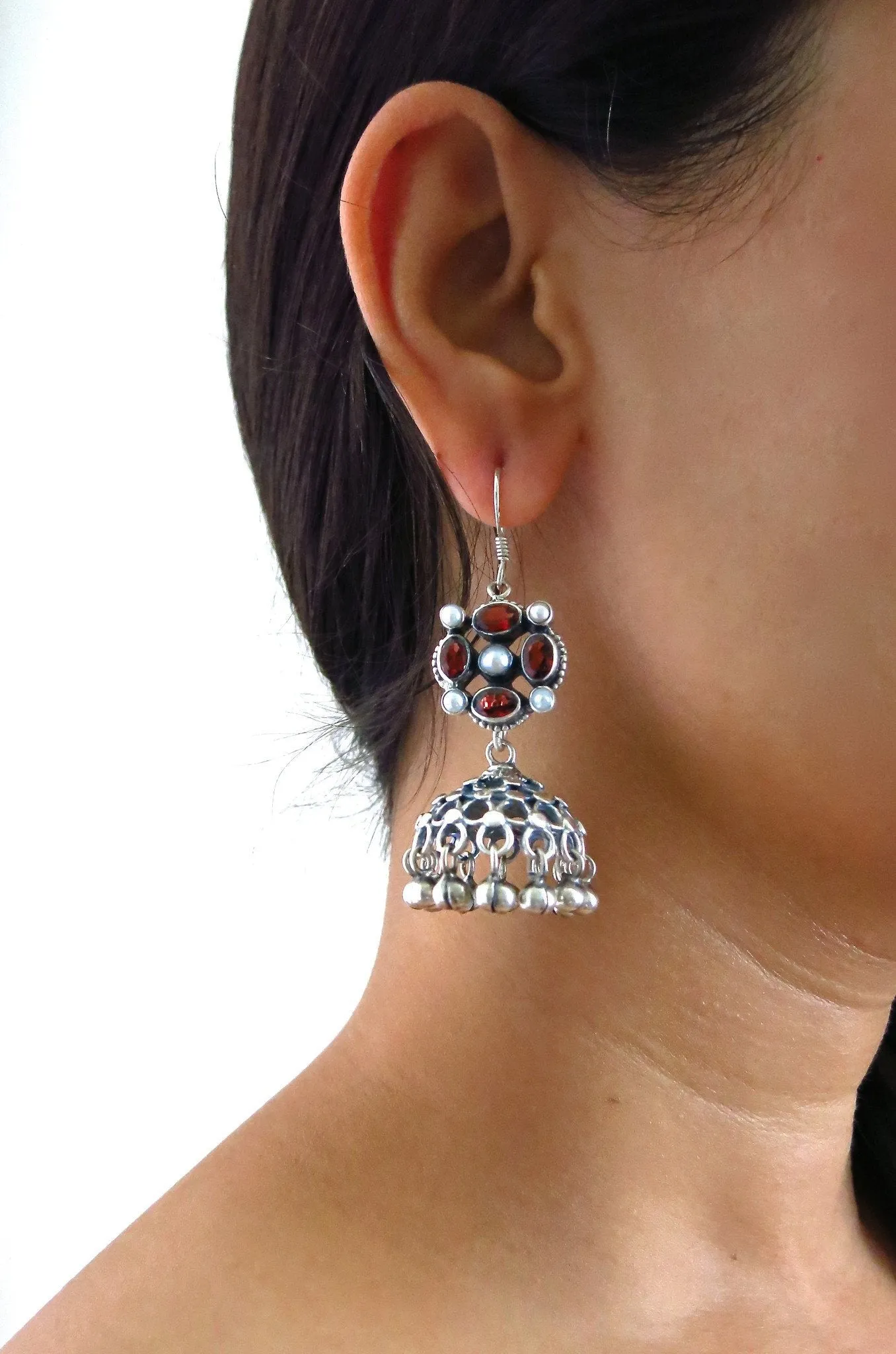 Classic and chic, detachable, jali jhumkas with garnet and pearl tops