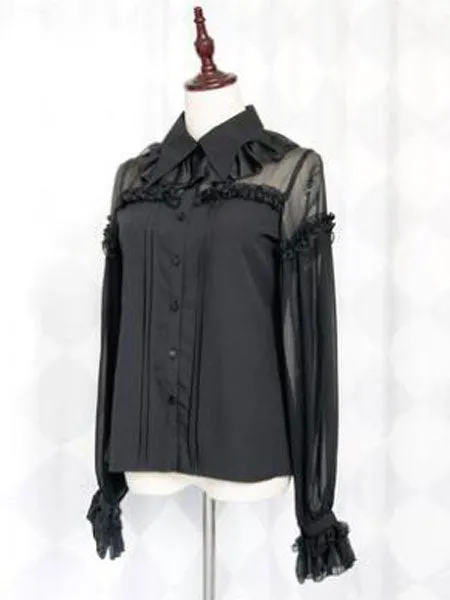 Classic Lolita Blouse Lace Trim Ruffle Illusion Chiffon Patch Black Lolita Shirt