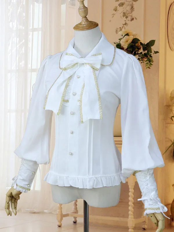 Classic Lolita Shirt Bow Ruffle Lace Chiffon White Lolita Blouse