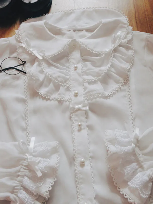 Classic Lolita Shirt Lace Ruffle Pearl Chiffon White Lolita Blouse