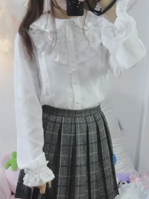 Classic Lolita Shirt Lace Ruffle Pearl Chiffon White Lolita Blouse