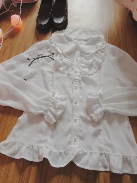 Classic Lolita Shirt Lace Ruffle Pearl Chiffon White Lolita Blouse