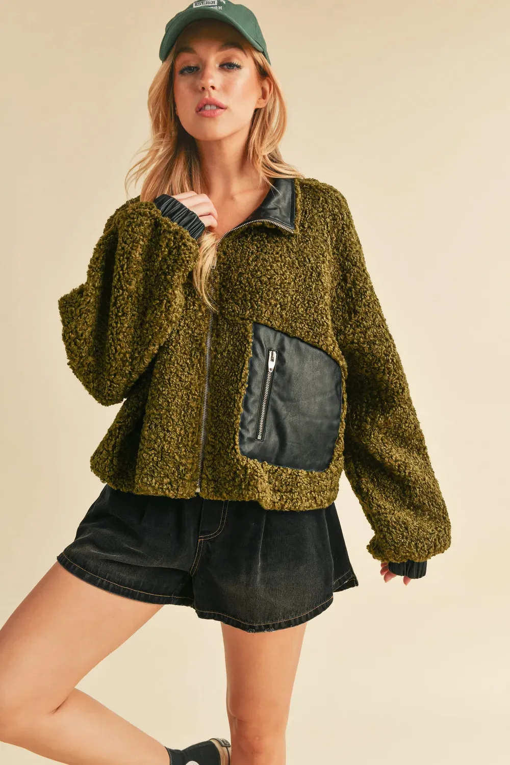 Collared Neck Zip Up Sherpa Jacket