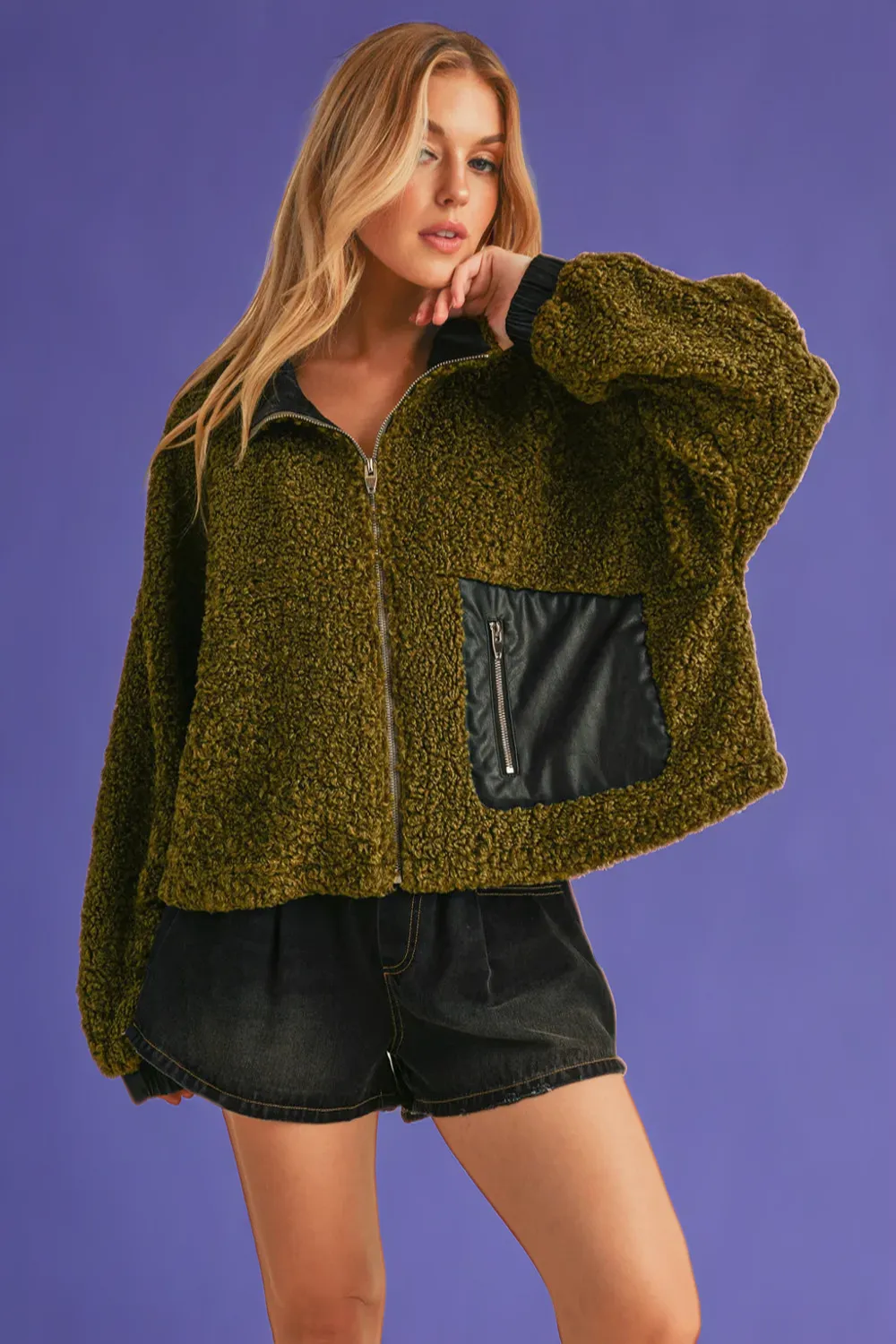 Collared Neck Zip Up Sherpa Jacket