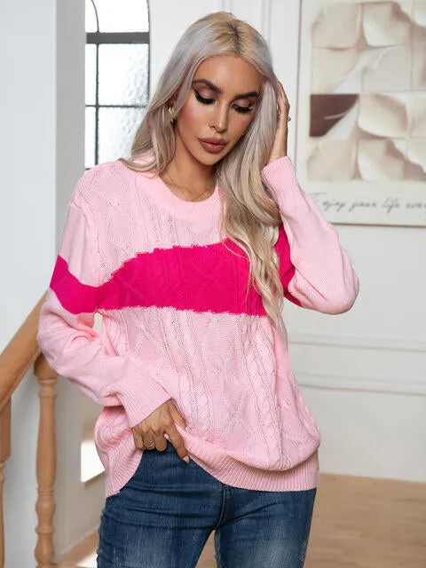 Color Block Cable-Knit Round Neck Sweater (2 Colors)
