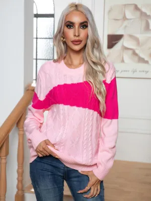 Color Block Cable-Knit Round Neck Sweater (2 Colors)