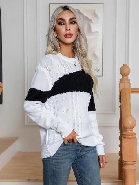Color Block Cable-Knit Round Neck Sweater (2 Colors)