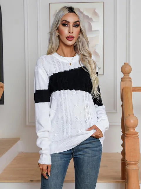 Color Block Cable-Knit Round Neck Sweater (2 Colors)