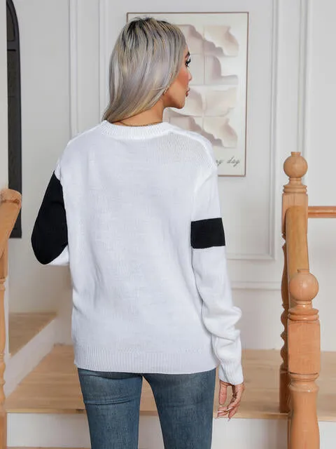 Color Block Cable-Knit Round Neck Sweater (2 Colors)