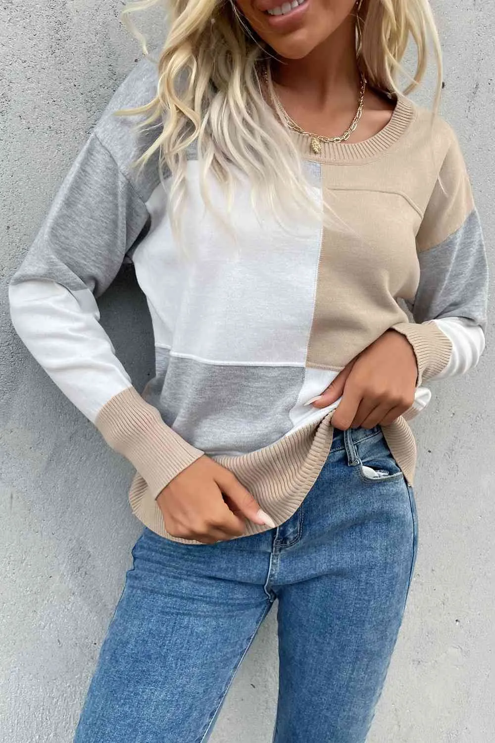 Color Block Ribbed Trim Round Neck Knit Pullover (7 Colors)