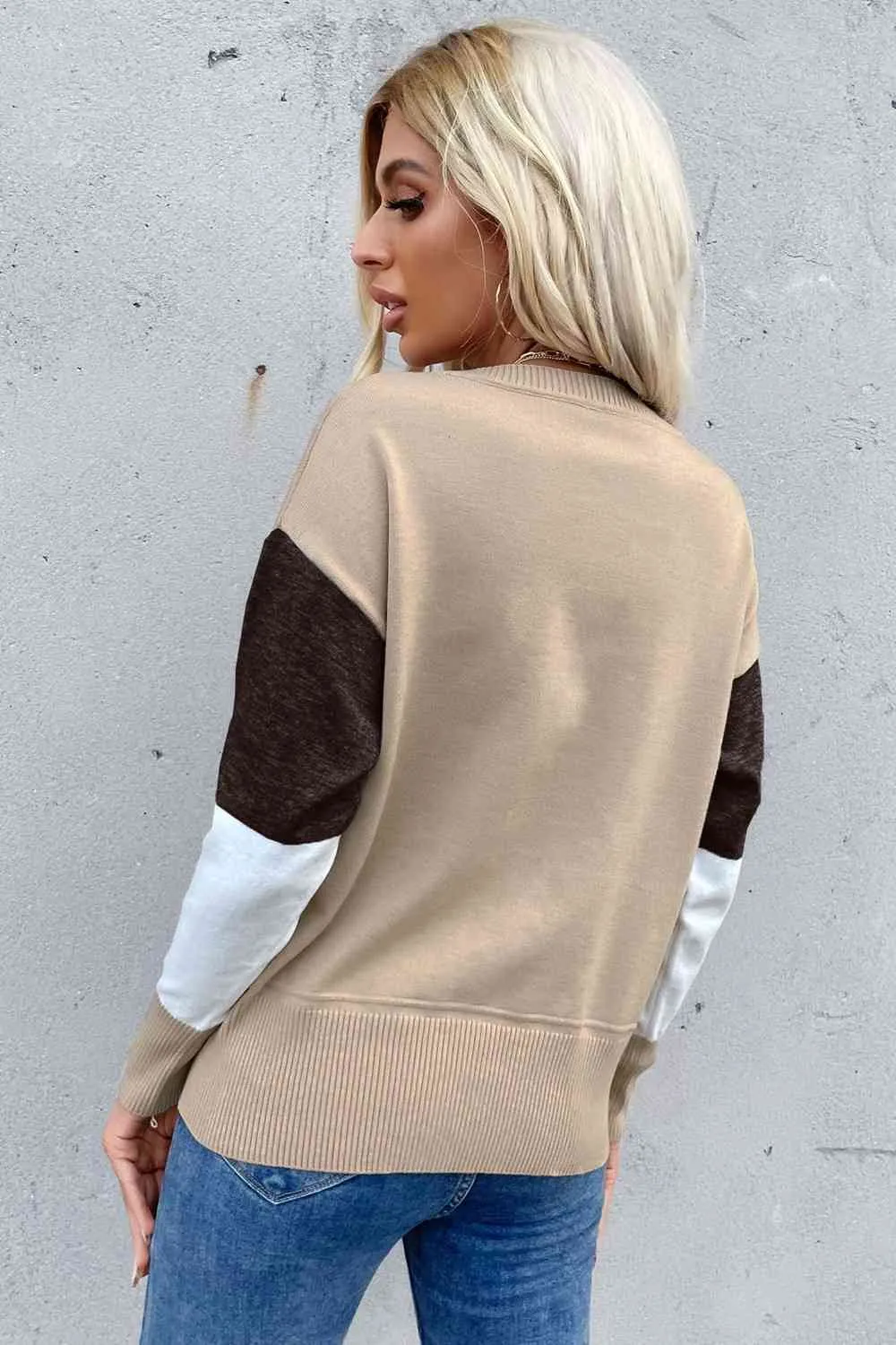 Color Block Ribbed Trim Round Neck Knit Pullover (7 Colors)