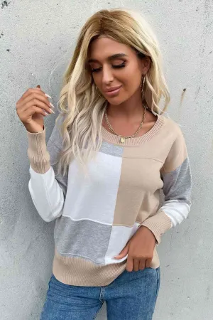 Color Block Ribbed Trim Round Neck Knit Pullover (7 Colors)