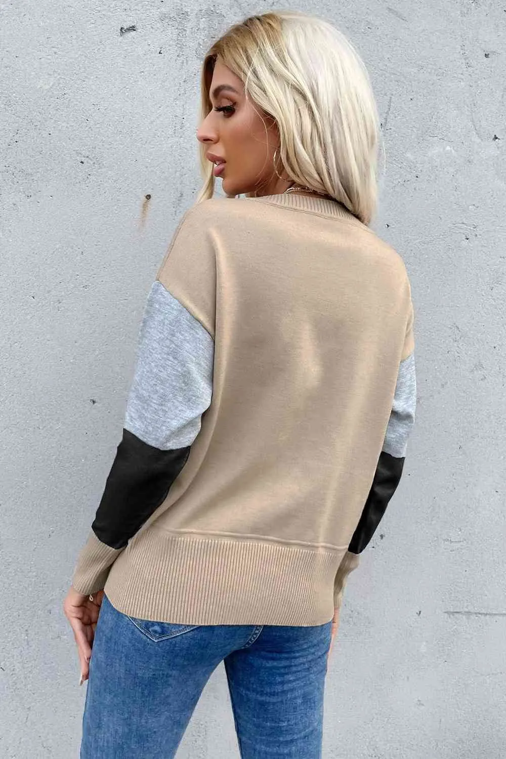 Color Block Ribbed Trim Round Neck Knit Pullover (7 Colors)
