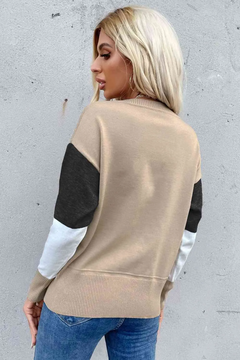 Color Block Ribbed Trim Round Neck Knit Pullover (7 Colors)